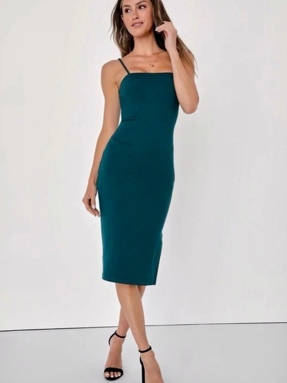 NWT Lulus ‘Paulina’ Knit Spaghetti Strap Midi Dress in Deep Teal Green Size L